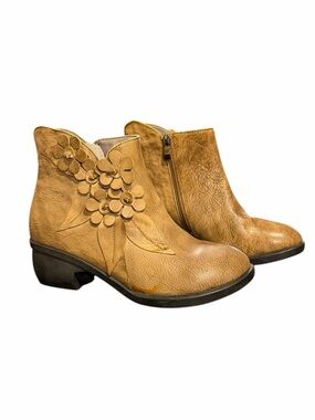 Socofy Leather Floral Appliqués Ankle Boots Handmade Zipper Boho Chic EU39 US8